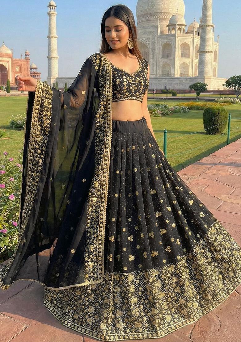 Multicolor Embroidered Georgette Lehenga Set - Indya