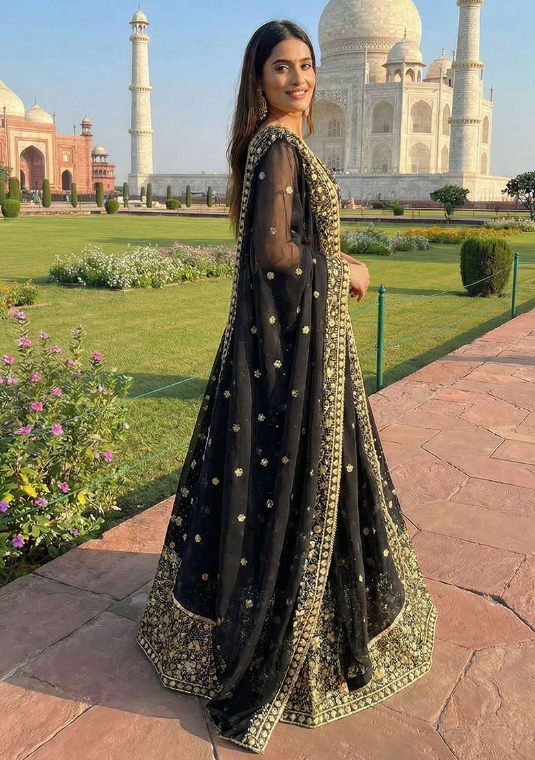 Multicolor Embroidered Georgette Lehenga Set for Diwali and Festive Wear - Indya