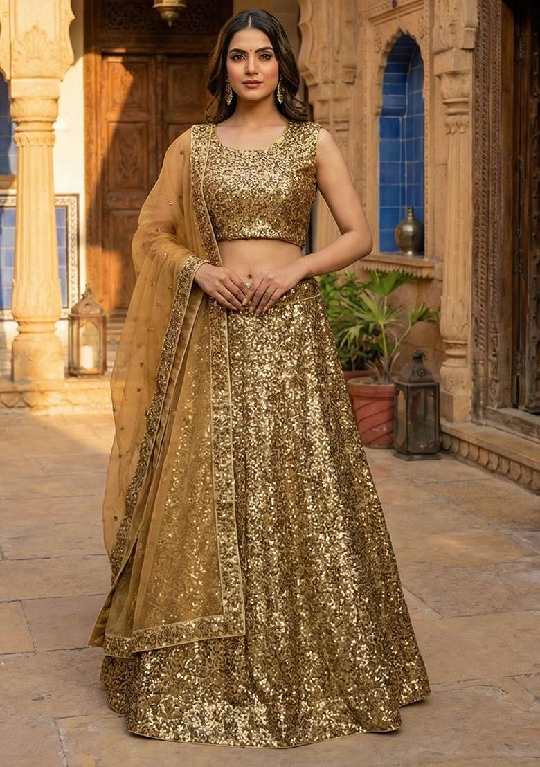 Multicolor Work Satin Lehenga Set with Sequins for Diwali | Wedding & Festive Wear - Indya