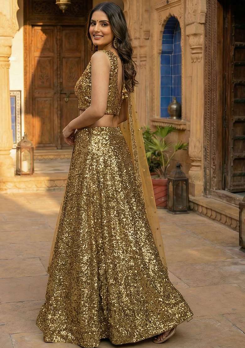 Multicolor Work Satin Lehenga Set with Sequins for Diwali | Wedding & Festive Wear - Indya
