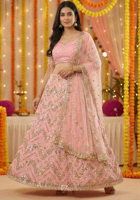 Multicolor Embellished Chinon Lehenga Set