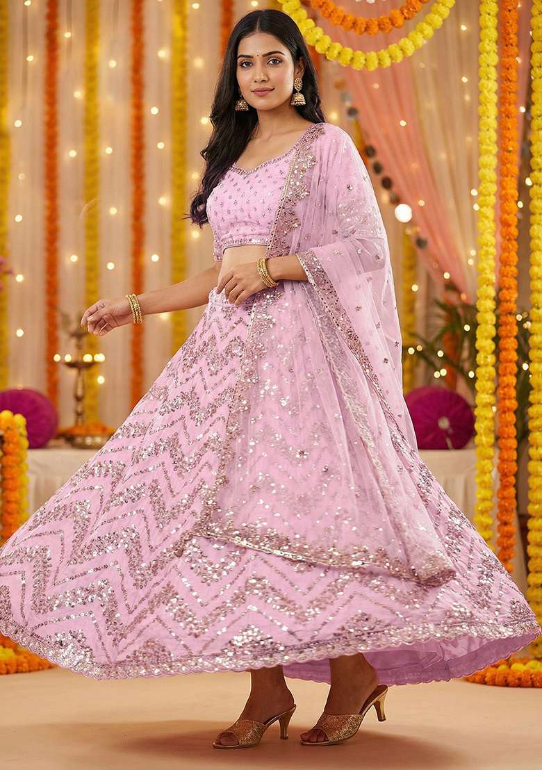 Multicolor Embellished Chinon Lehenga Set for Diwali and Festive Wear - Indya