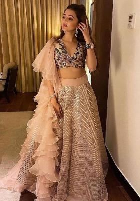 Cream Embroidery Silk Blend Lehenga Set