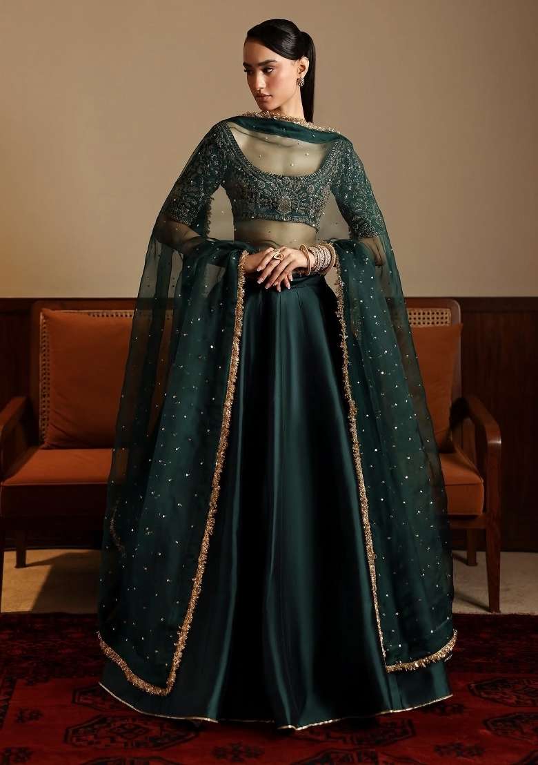 Green Embroidery Satin Lehenga Set for Diwali and Festive Wear - Indya