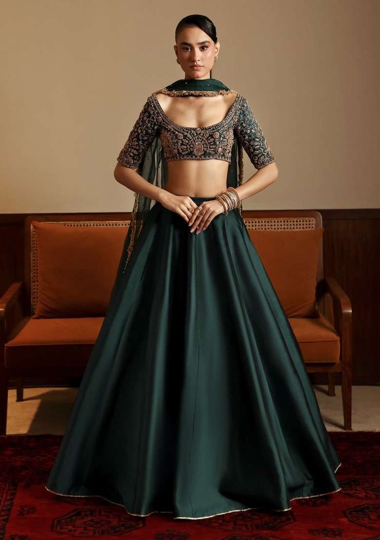 Green Embroidery Satin Lehenga Set for Diwali and Festive Wear - Indya