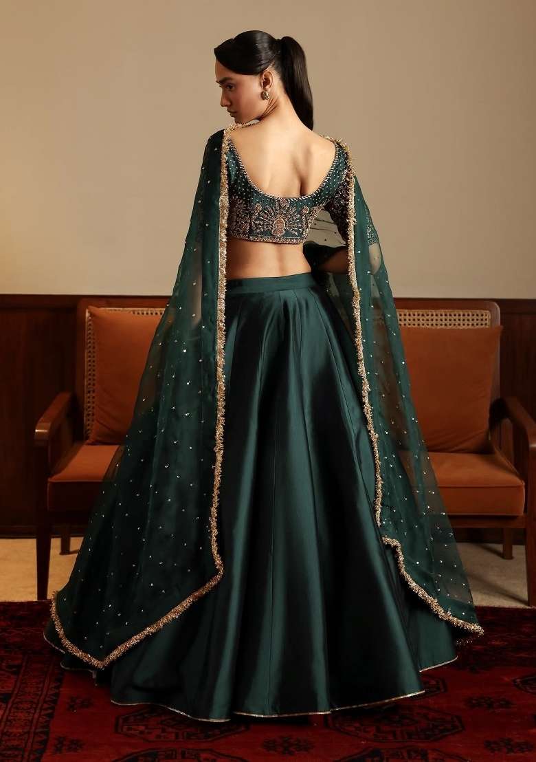 Green Embroidery Satin Lehenga Set for Diwali and Festive Wear - Indya