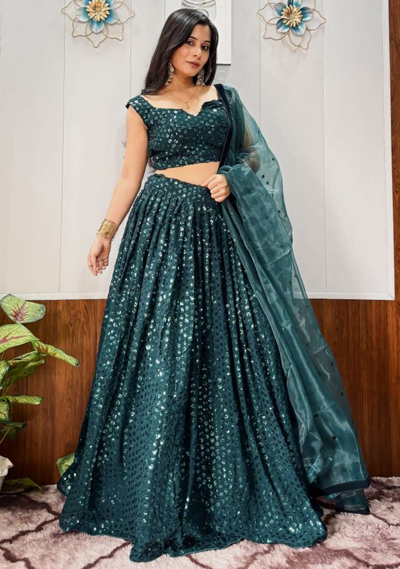 Green Embroidery Georgette Lehenga Set for Diwali and Festive Wear - Indya