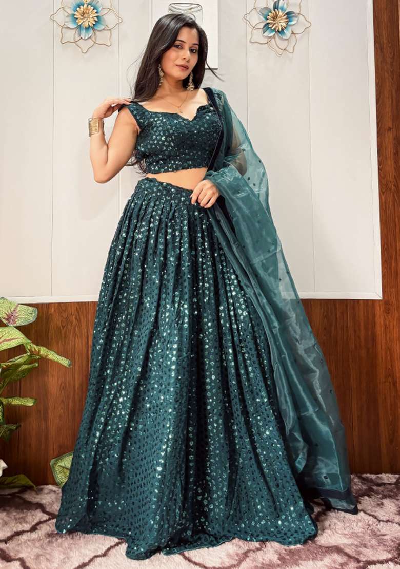 Green Embroidery Georgette Lehenga Set for Diwali and Festive Wear - Indya