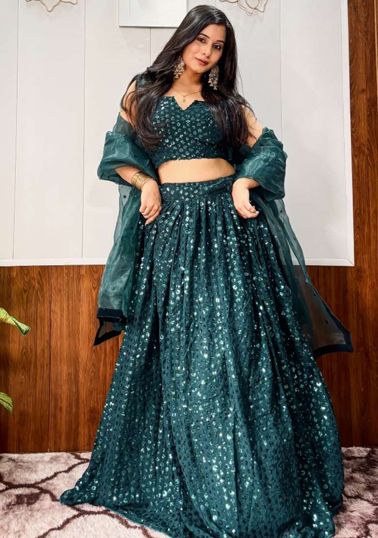 Green Embroidery Georgette Lehenga Set for Diwali and Festive Wear - Indya