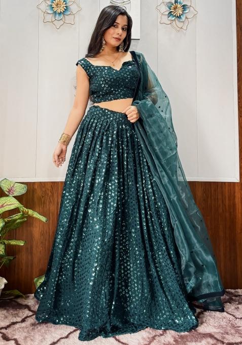 Green Embroidery Georgette Lehenga Set