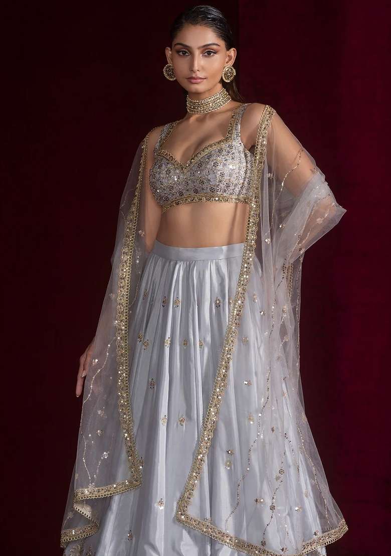 Grey Embroidery Silk Blend Lehenga Set for Diwali and Festive Wear - Indya