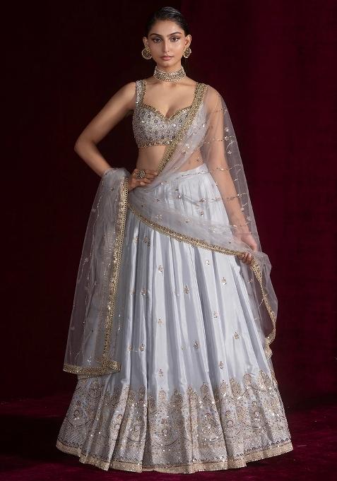 Grey Embroidery Silk Lehenga Set