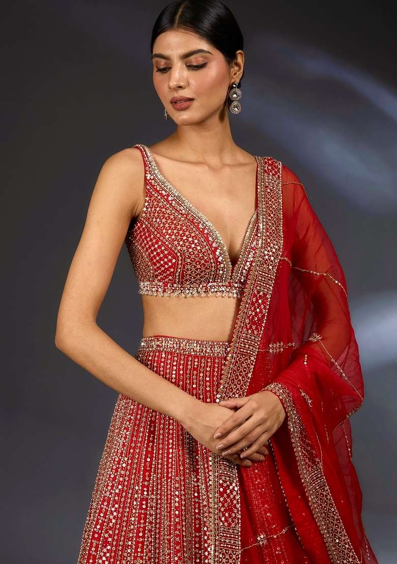Cherry Red Embroidery Satin Lehenga Set - Indya