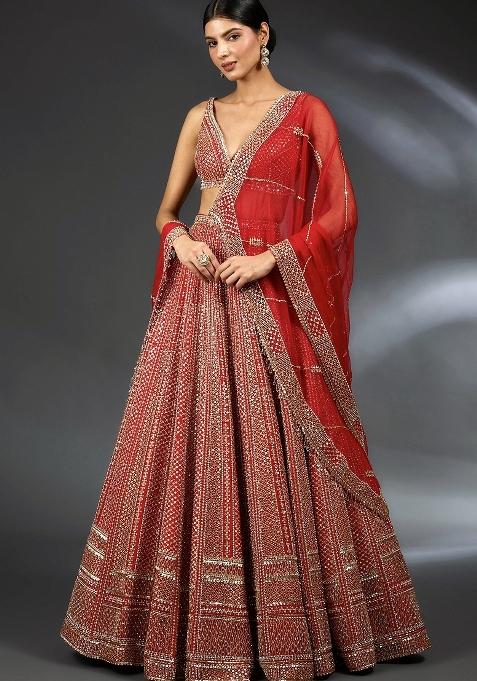 Cherry Red Embroidery Satin Lehenga Set