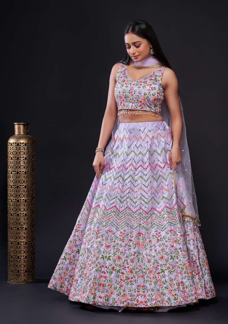 Lavender Embroidery Silk Blend Lehenga Set for Diwali and Festive Wear - Indya