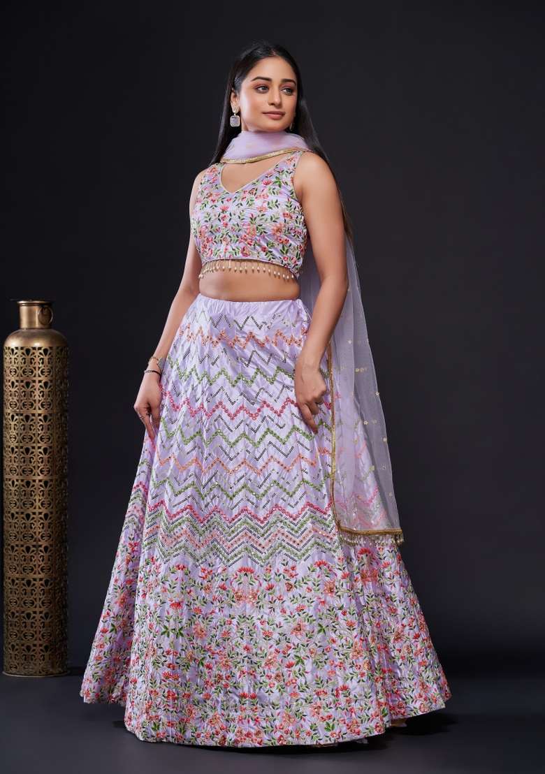 Lavender Embroidery Silk Blend Lehenga Set for Diwali and Festive Wear - Indya