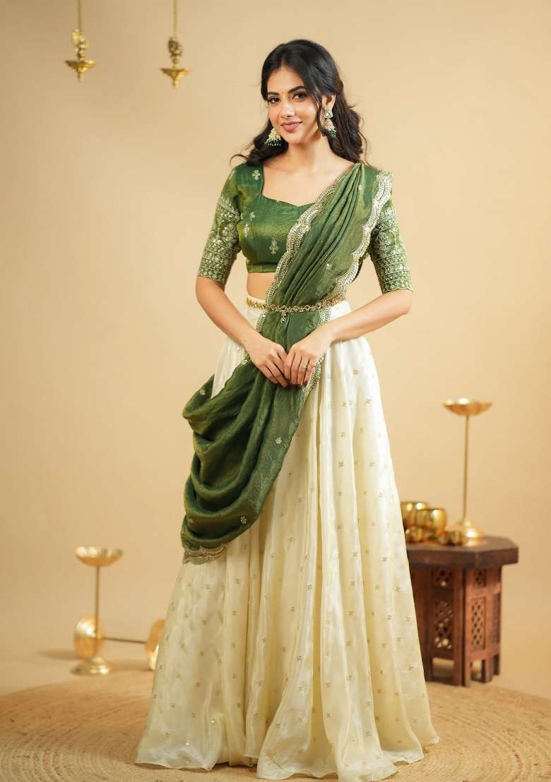 Green Embroidery Silk Blend Lehenga Set for Diwali and Festive Wear - Indya