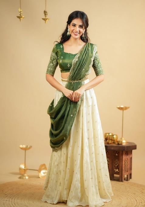Green Embroidery Silk Lehenga Set
