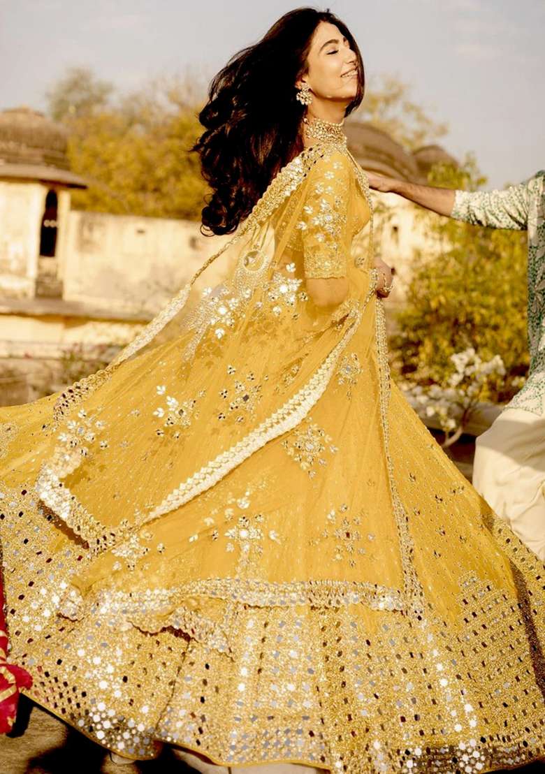 Yellow Georgette Lehenga Set with Embroidery for Diwali | Wedding & Festive Wear - Indya