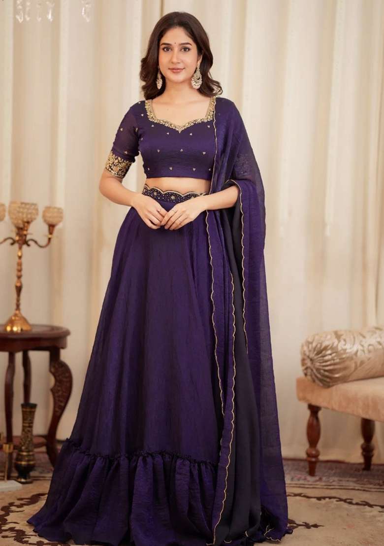 Purple Embroidery Silk Blend Lehenga Set for Diwali and Festive Wear - Indya