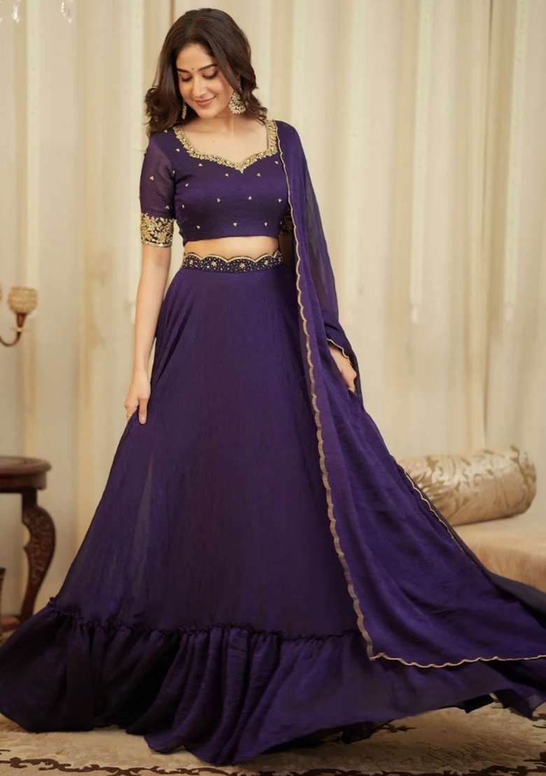 Purple Embroidery Silk Blend Lehenga Set for Diwali and Festive Wear - Indya