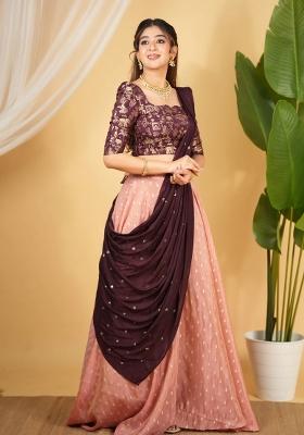 Peach Embroidery Silk Lehenga Set