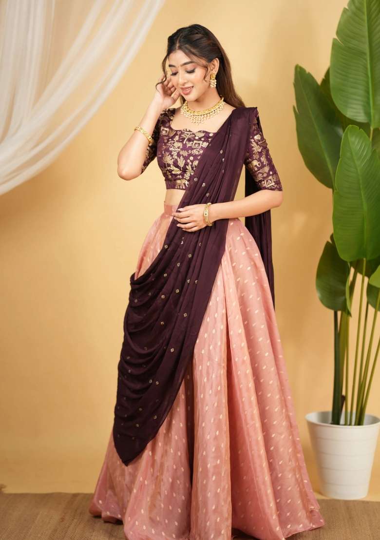 Peach Embroidery Silk Blend Lehenga Set for Diwali and Festive Wear - Indya