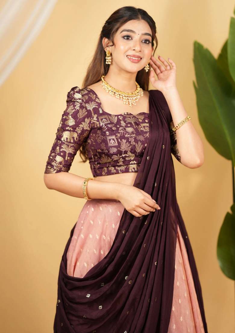 Peach Embroidery Silk Blend Lehenga Set for Diwali and Festive Wear - Indya