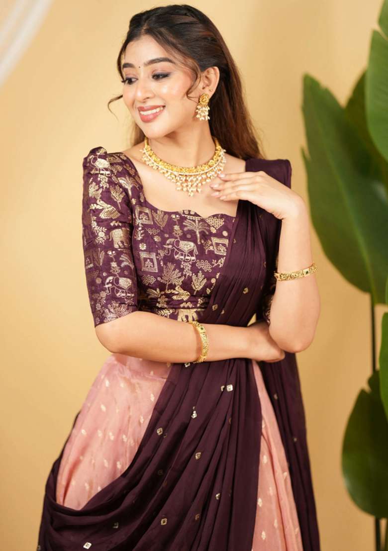Peach Embroidery Silk Blend Lehenga Set for Diwali and Festive Wear - Indya