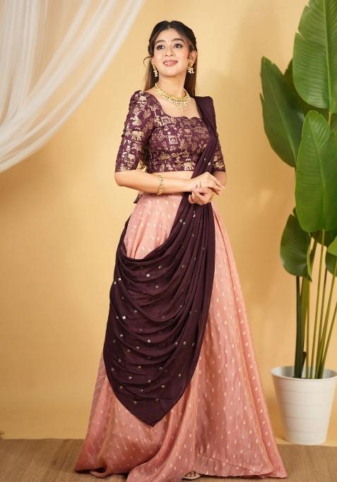 Peach Embroidery Silk Lehenga Set