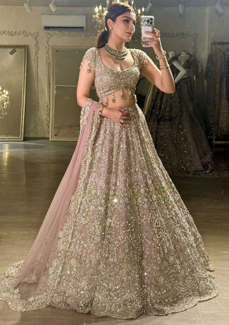 Baby Pink Georgette Lehenga Set with Embroidery for Diwali | Wedding & Festive Wear - Indya