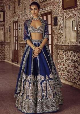 Blue Silk Blend Lehenga Set with Embroidery for Diwali | Wedding & Festive Wear