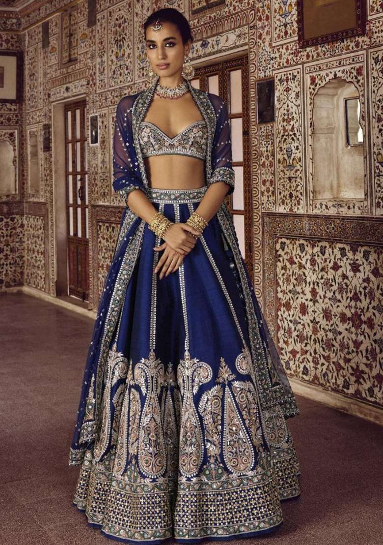 Blue Silk Blend Lehenga Set with Embroidery for Diwali | Wedding & Festive Wear - Indya