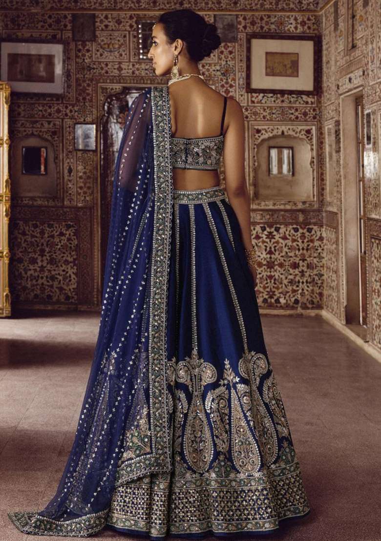 Blue Silk Blend Lehenga Set with Embroidery for Diwali | Wedding & Festive Wear - Indya