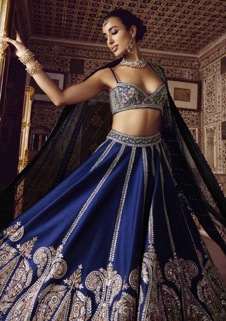 Blue Silk Blend Lehenga Set with Embroidery for Diwali | Wedding & Festive Wear - Indya