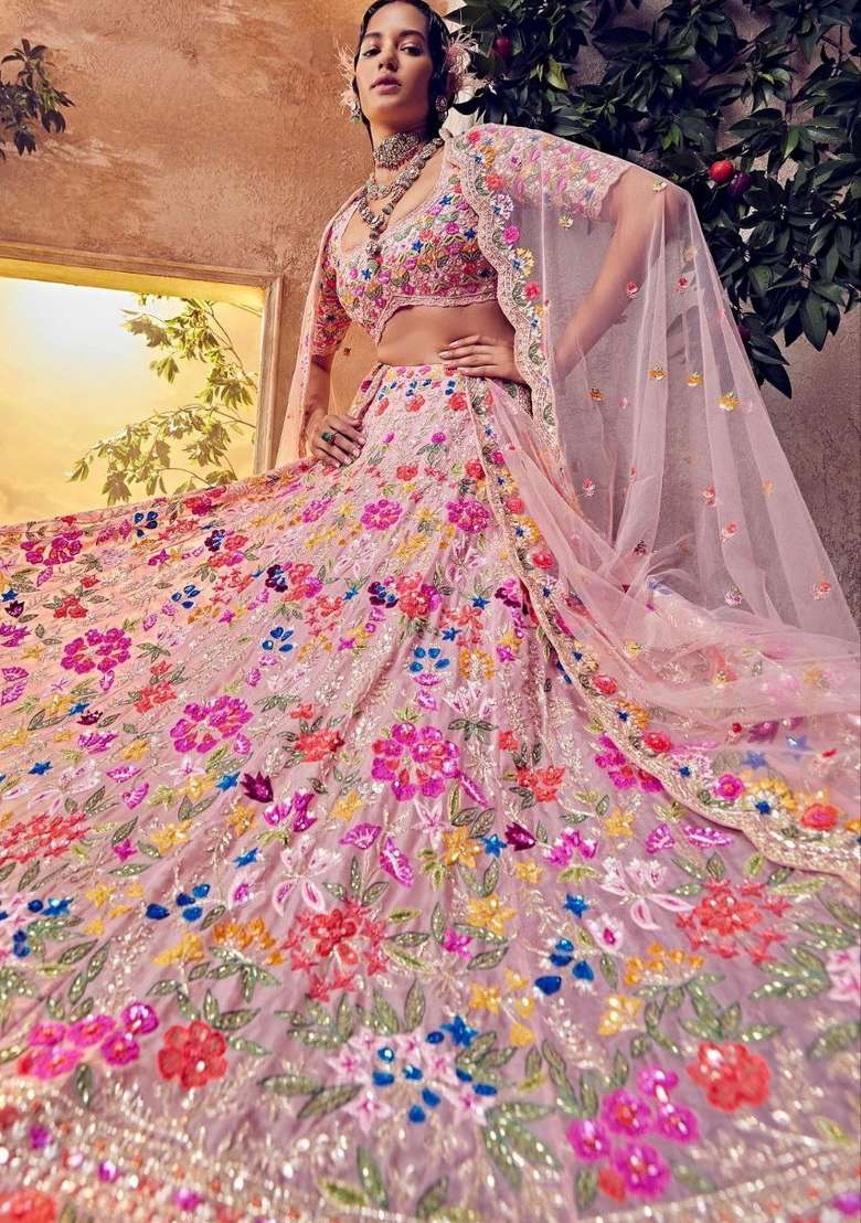 Peach Georgette Lehenga Set with Embroidery for Diwali | Wedding & Festive Wear - Indya