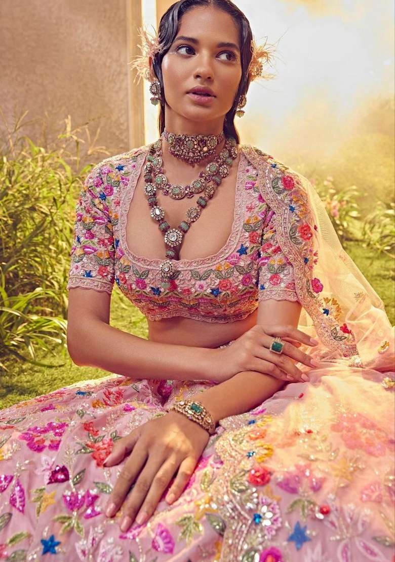 Peach Georgette Lehenga Set with Embroidery for Diwali | Wedding & Festive Wear - Indya