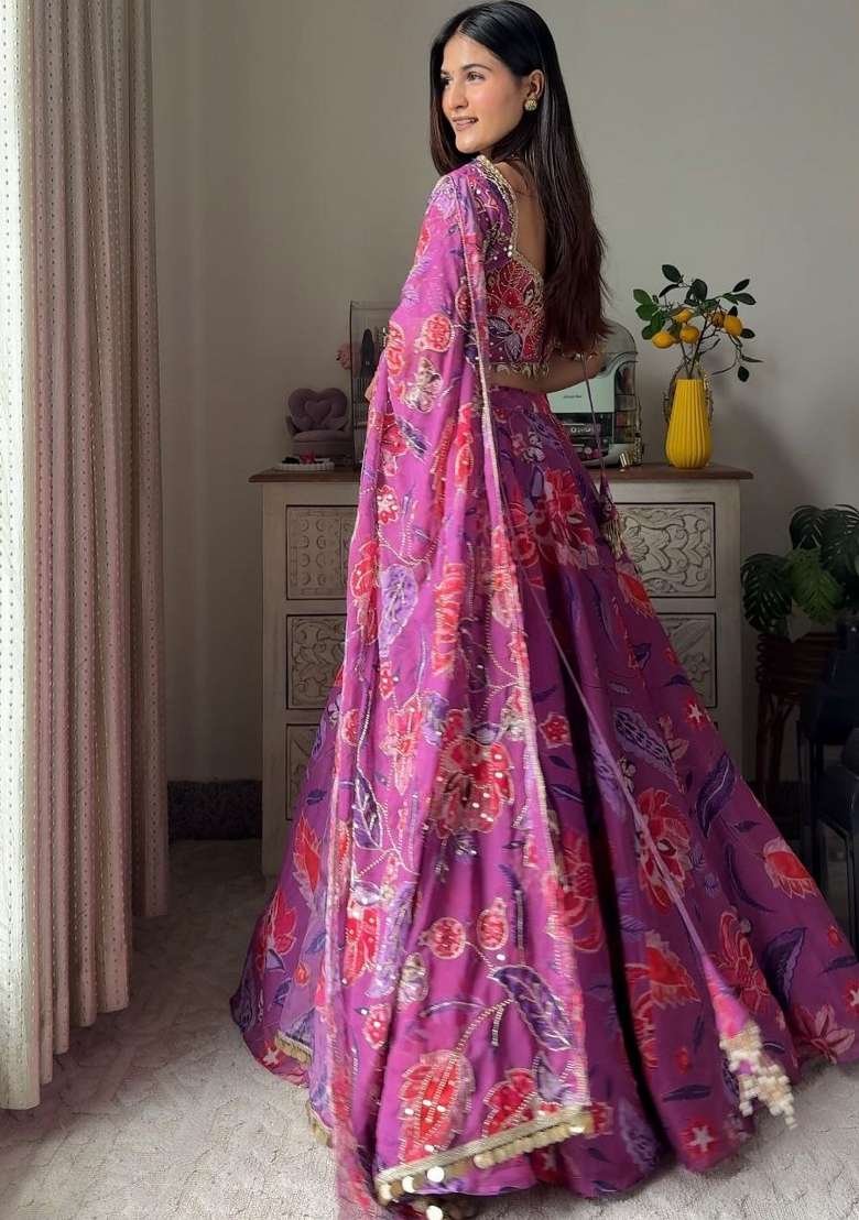 Purple Georgette Lehenga Set with Embroidery for Diwali | Wedding & Festive Wear - Indya