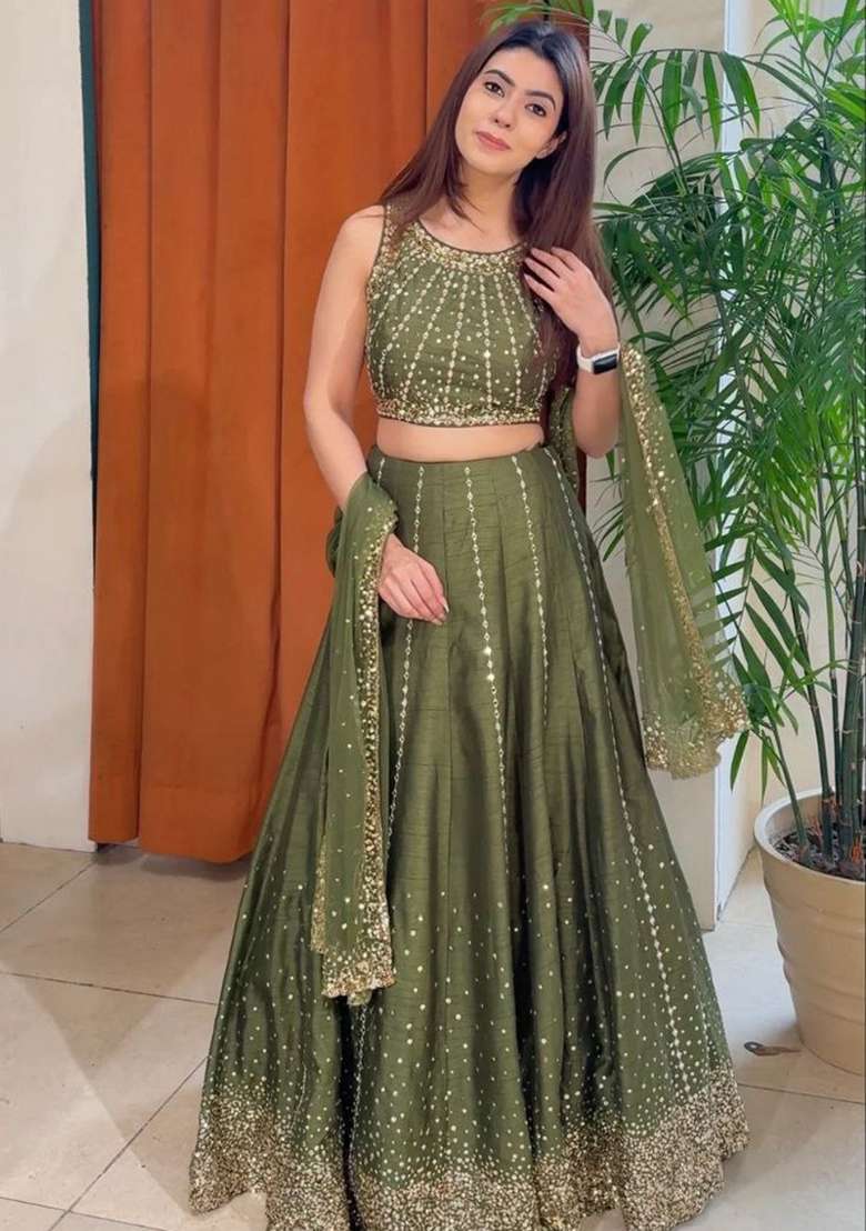 Mehndi Embroidery Silk Blend Lehenga Set for Diwali and Festive Wear - Indya