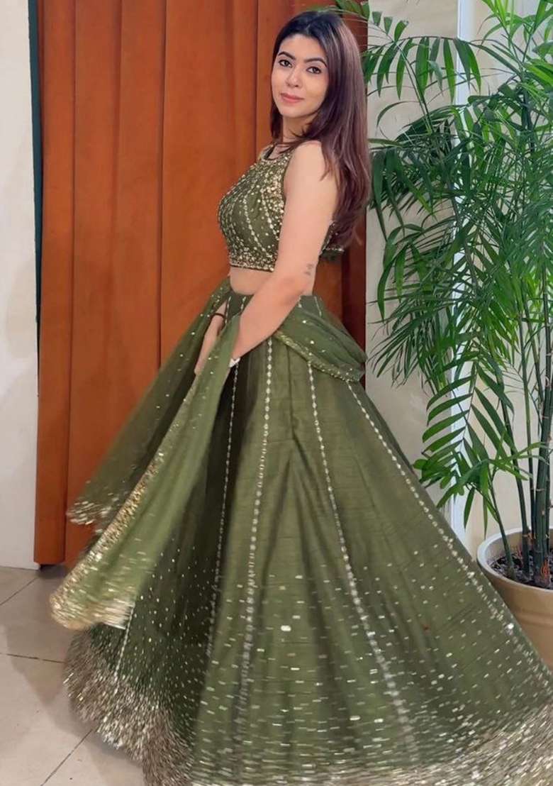 Mehndi Embroidery Silk Blend Lehenga Set for Diwali and Festive Wear - Indya