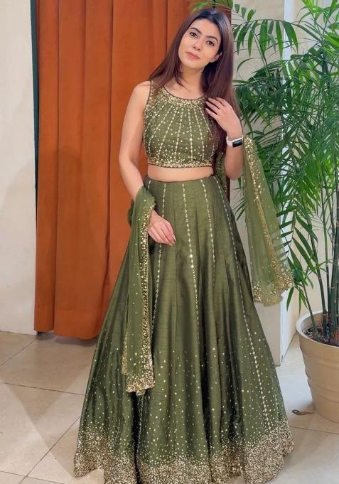Mehndi Embroidery Silk Lehenga Set