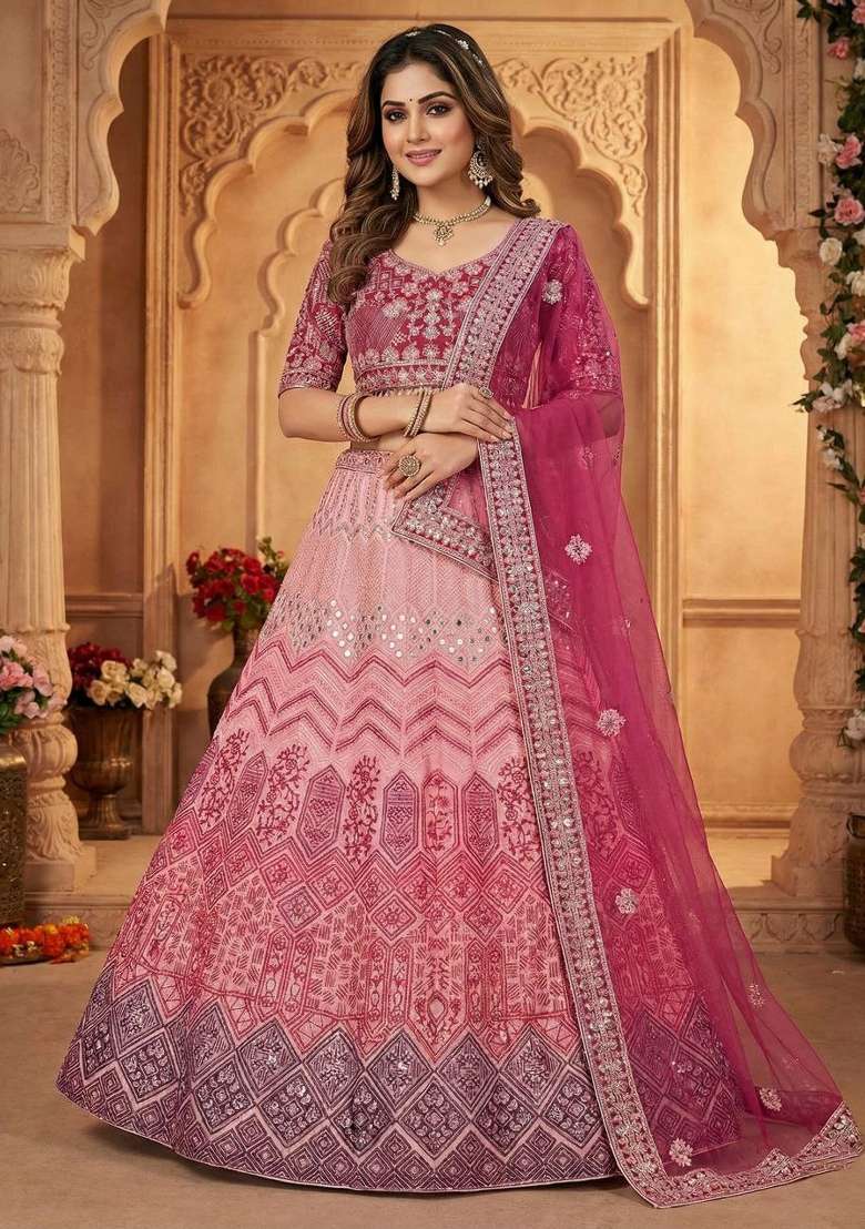 Pink Embroidery Georgette Lehenga Set for Diwali and Festive Wear - Indya