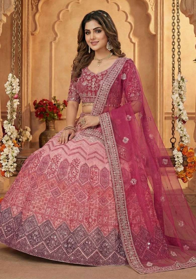 Pink Embroidery Georgette Lehenga Set for Diwali and Festive Wear - Indya