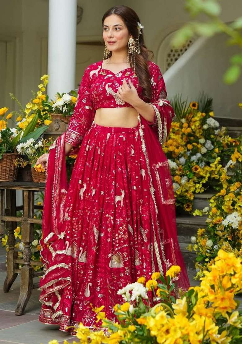 Red Georgette Lehenga Set with Embroidery for Diwali | Wedding & Festive Wear - Indya