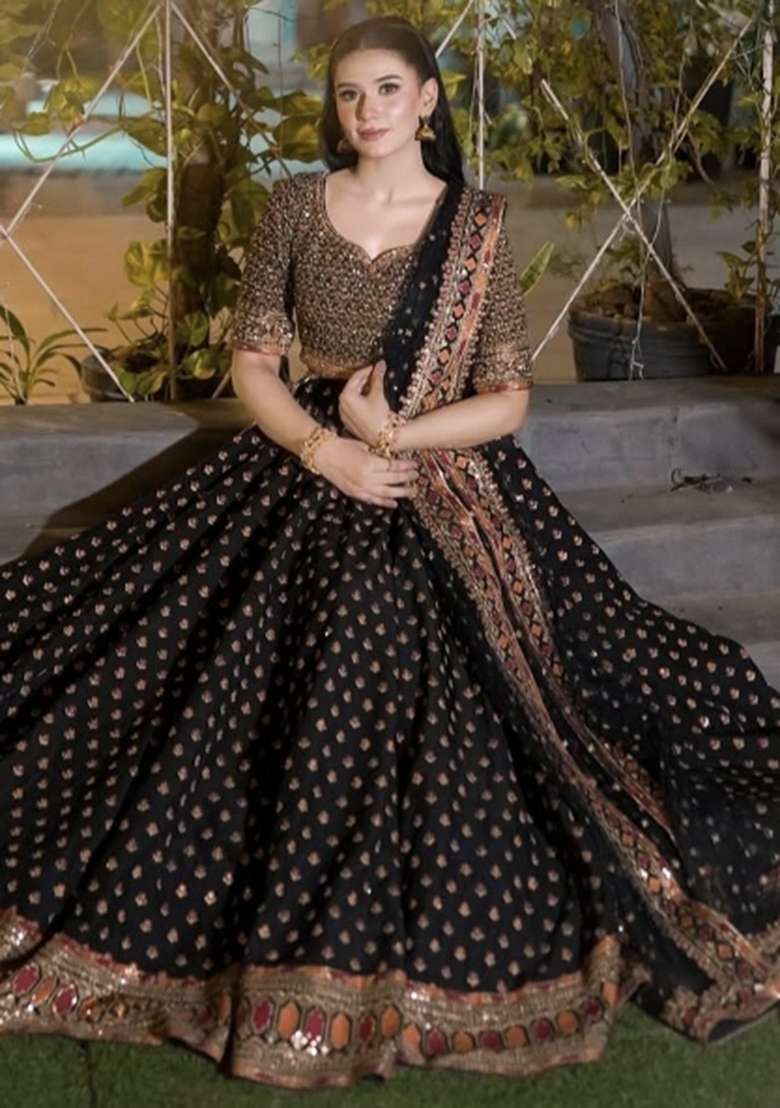 Black Embroidery Silk Blend Lehenga Set for Diwali and Festive Wear - Indya