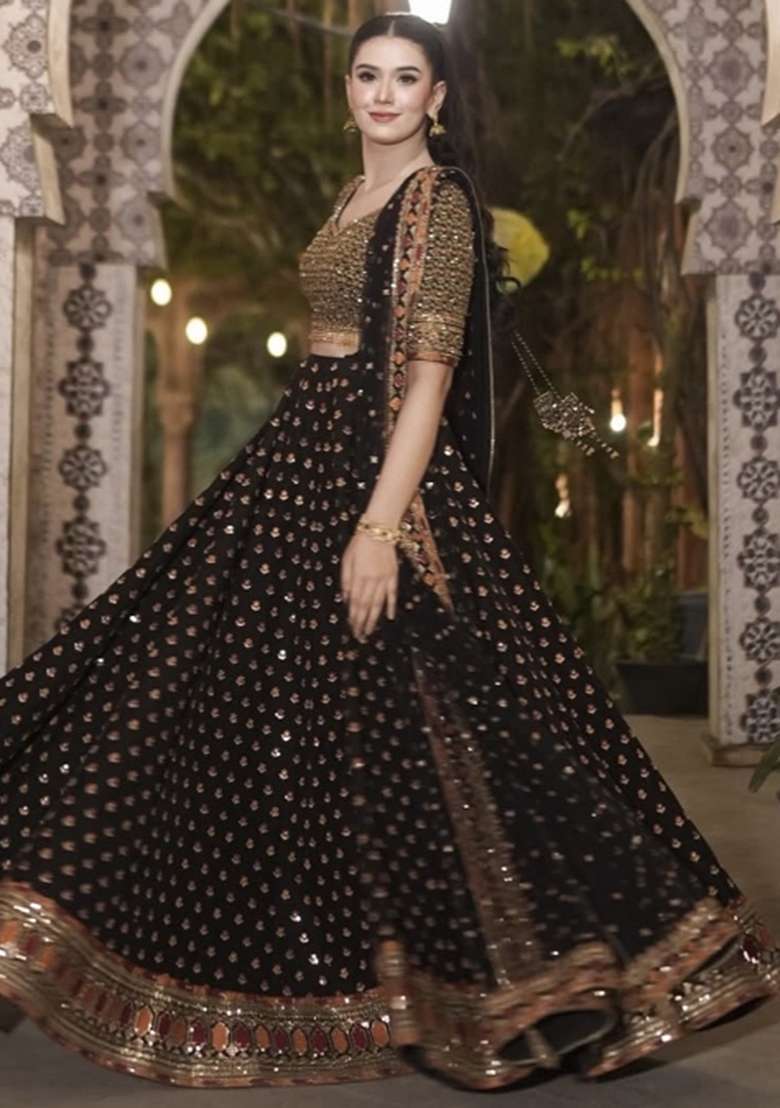Black Embroidery Silk Blend Lehenga Set for Diwali and Festive Wear - Indya