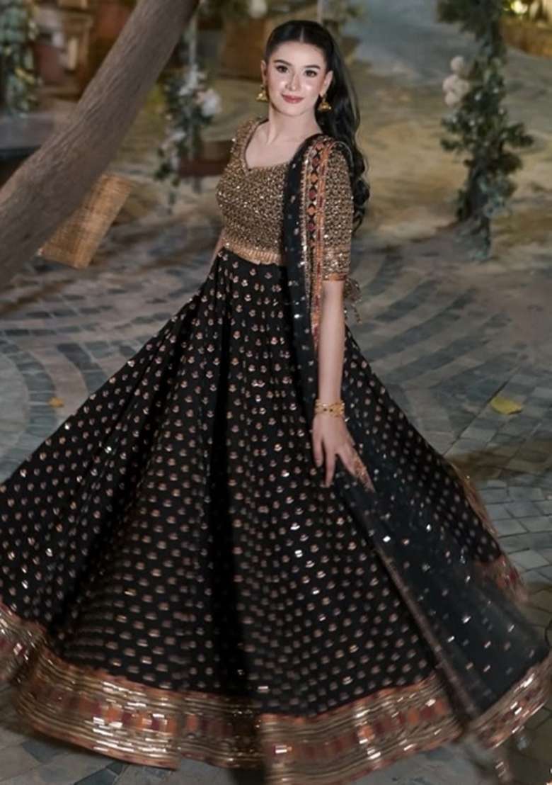 Black Embroidery Silk Blend Lehenga Set for Diwali and Festive Wear - Indya