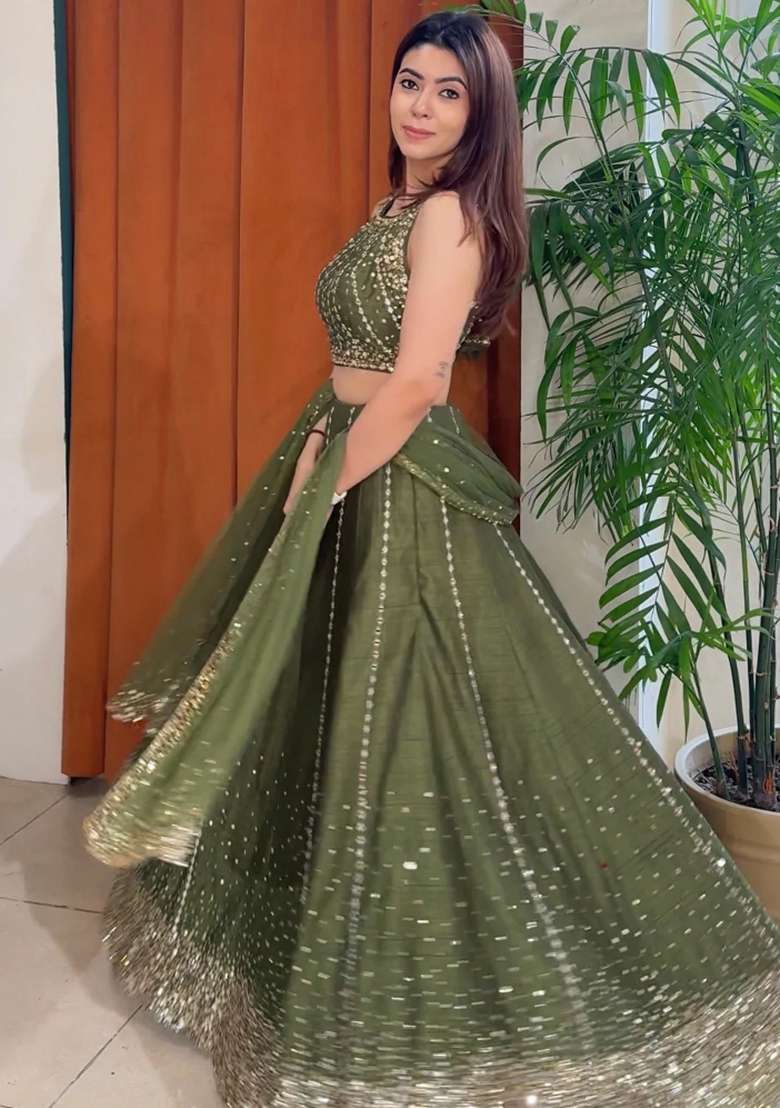 Mehndi Silk Blend Lehenga Set with Embroidery for Diwali | Wedding & Festive Wear - Indya