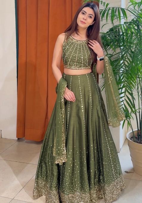 Mehndi Embroidery Silk Lehenga Set