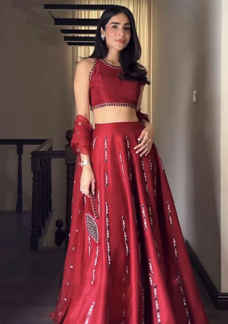 Red Embroidery Silk Blend Lehenga Set for Diwali and Festive Wear - Indya